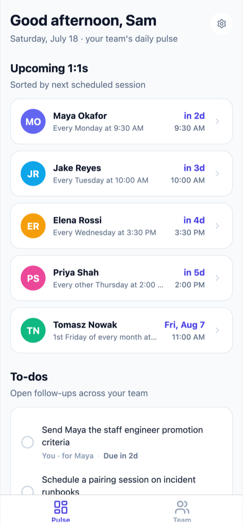 The NorthStep Pulse screen: upcoming 1:1s for five direct reports sorted by next session, and open to-dos across the team.